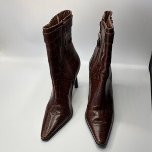 Lauren Ralph Lauren Brown Croc-Embossed Leather Heeled Ankle Boots